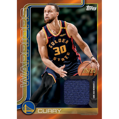Basketball trading card of a player in a Warriors jersey with 'Curry' on it, featuring the Topps brand.