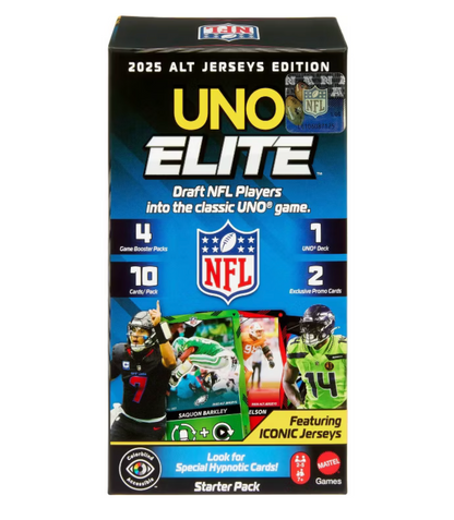 UNO Elite NFL card game box with NFL branding on a white background