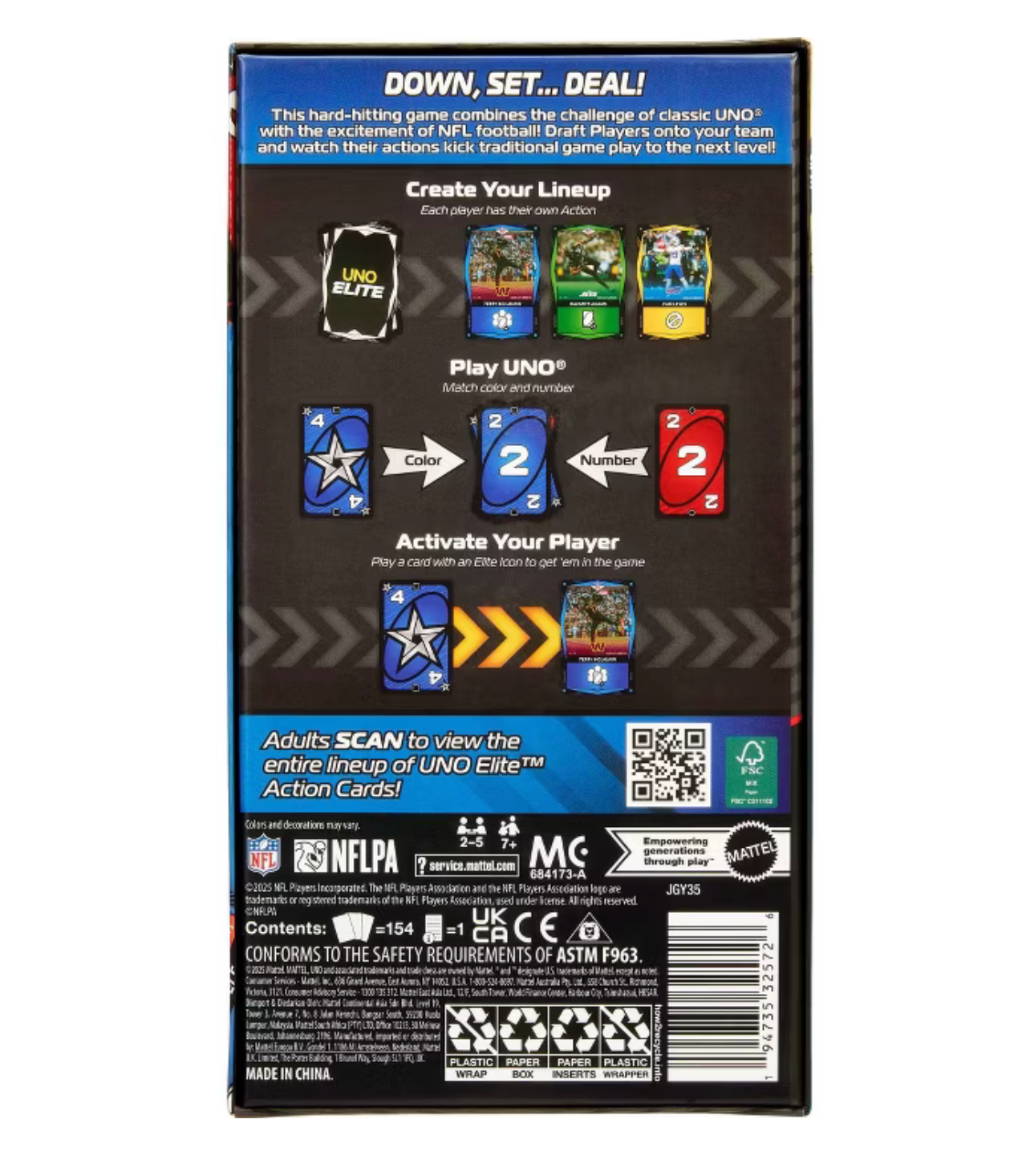 Back of a card game packaging with instructions and branding