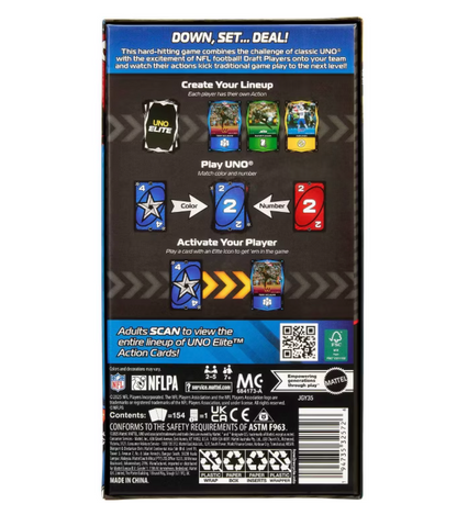 Back of a card game packaging with instructions and branding