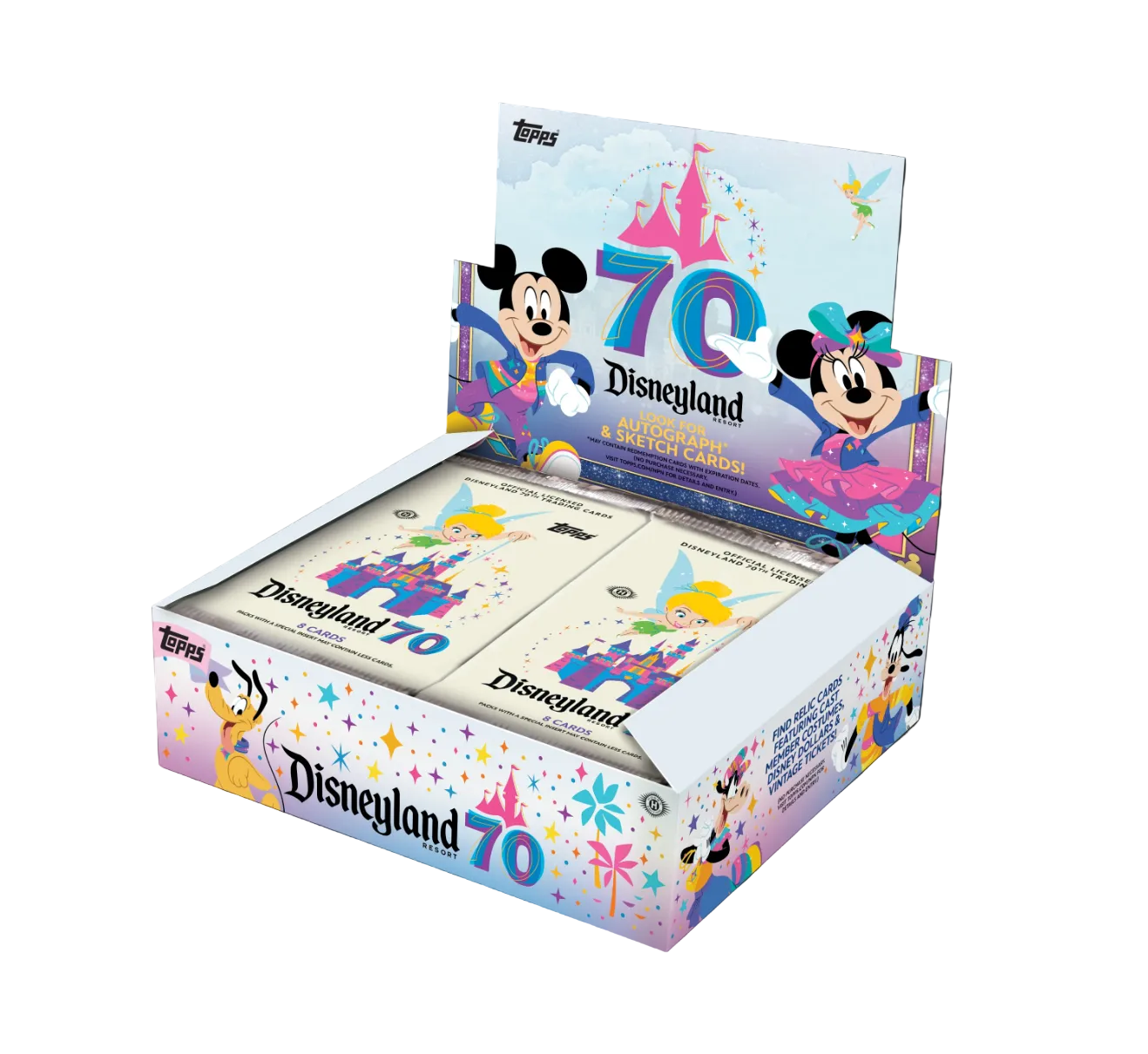 Box of Disneyland 70th anniversary trading cards with cartoon characters on a black background
