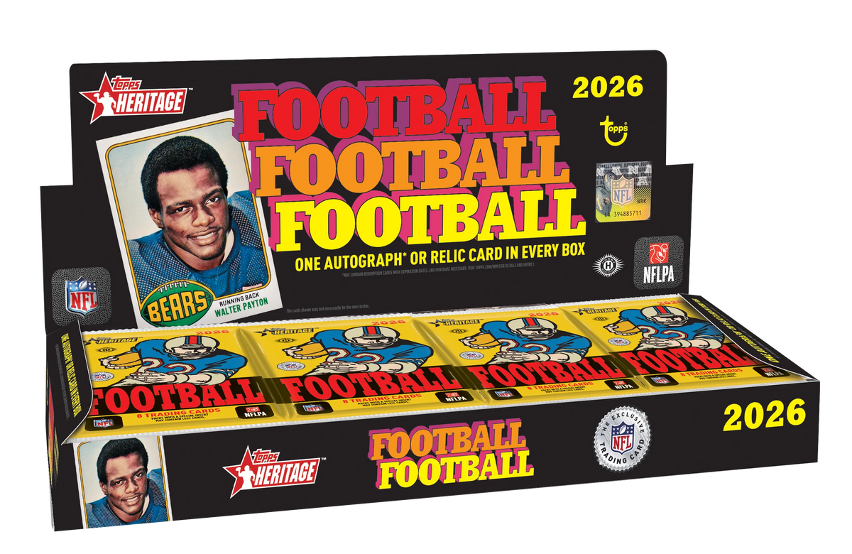 2026 Topps Heritage Football Hobby Box with 20 packs and one autograph or relic card per box