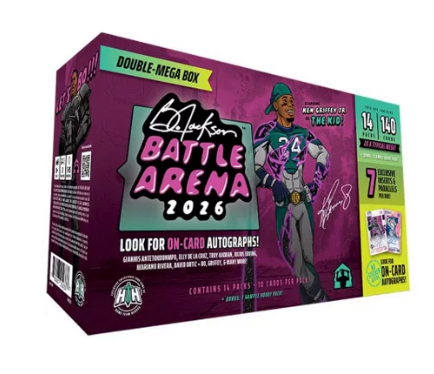 Box of 'Bo Jackson Battle Arena 2026' trading card game Double Mega Box Front