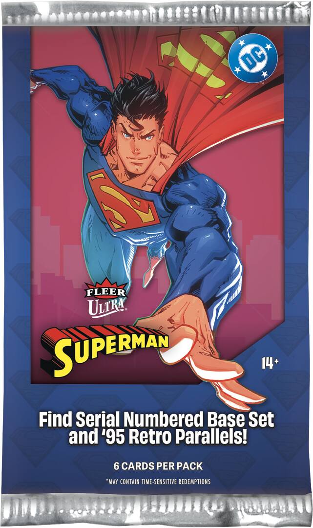 A pack of DC Comics Fleer Ultra Superman trading cards, featuring Superman flying in his classic blue and red costume against a pink and purple background, with product text at the bottom.