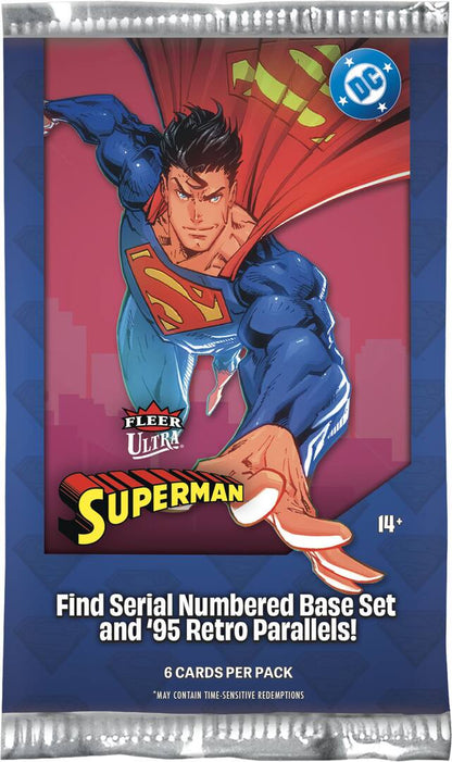 A pack of DC Comics Fleer Ultra Superman trading cards, featuring Superman flying in his classic blue and red costume against a pink and purple background, with product text at the bottom.
