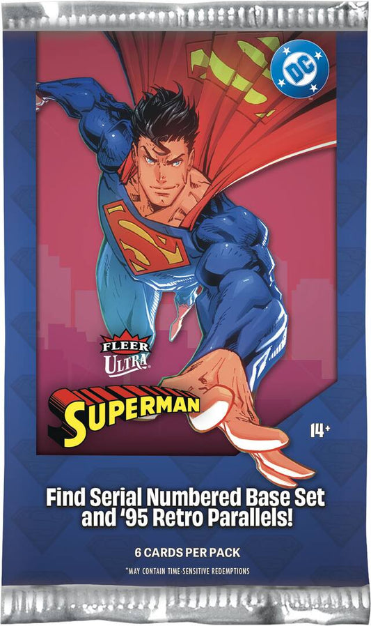 A pack of DC Comics Fleer Ultra Superman trading cards, featuring Superman flying in his classic blue and red costume against a pink and purple background, with product text at the bottom.
