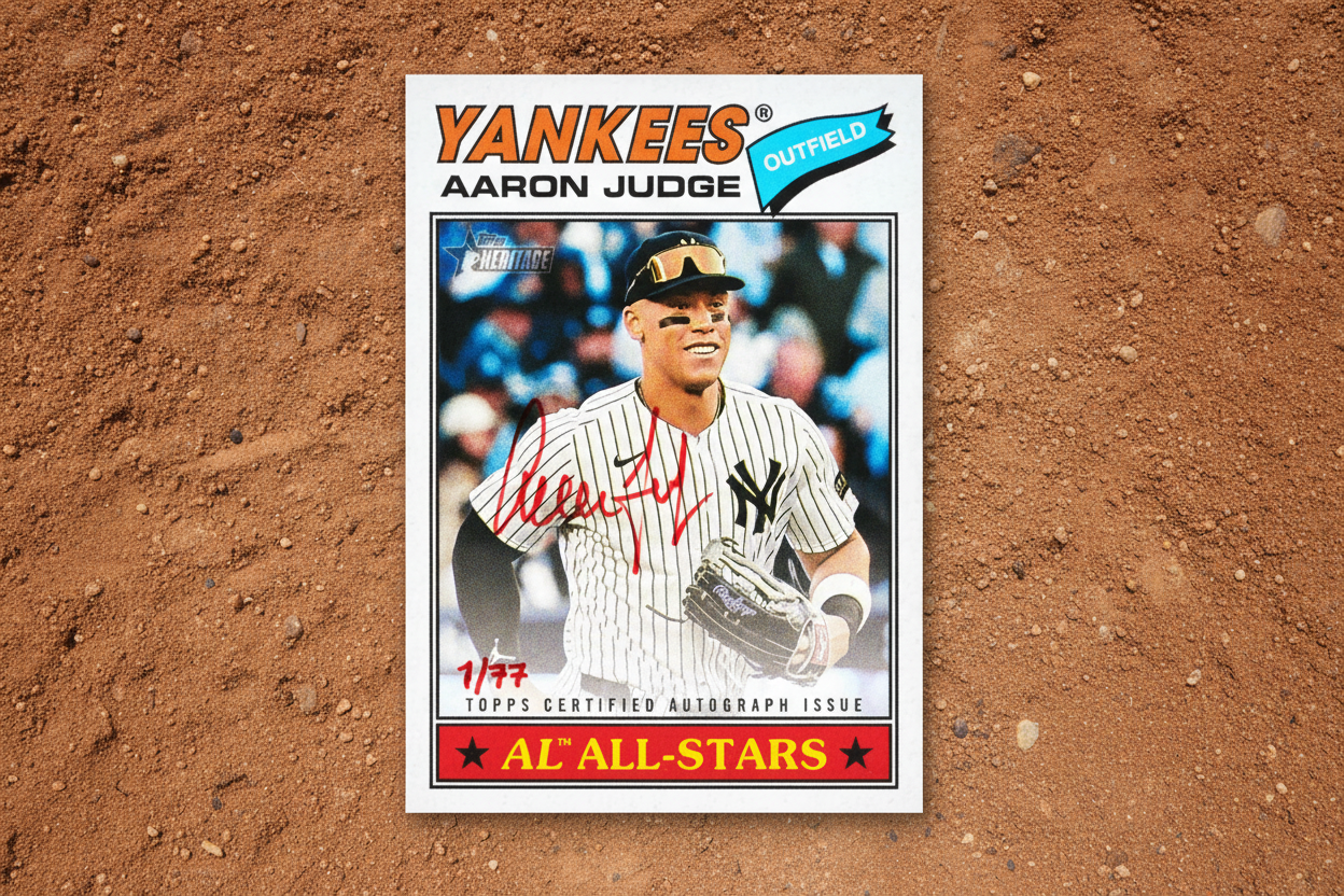 Baseball trading card of Aaron Judge with 'Yankees' branding and autograph