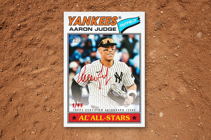 Baseball trading card of Aaron Judge with 'Yankees' branding and autograph