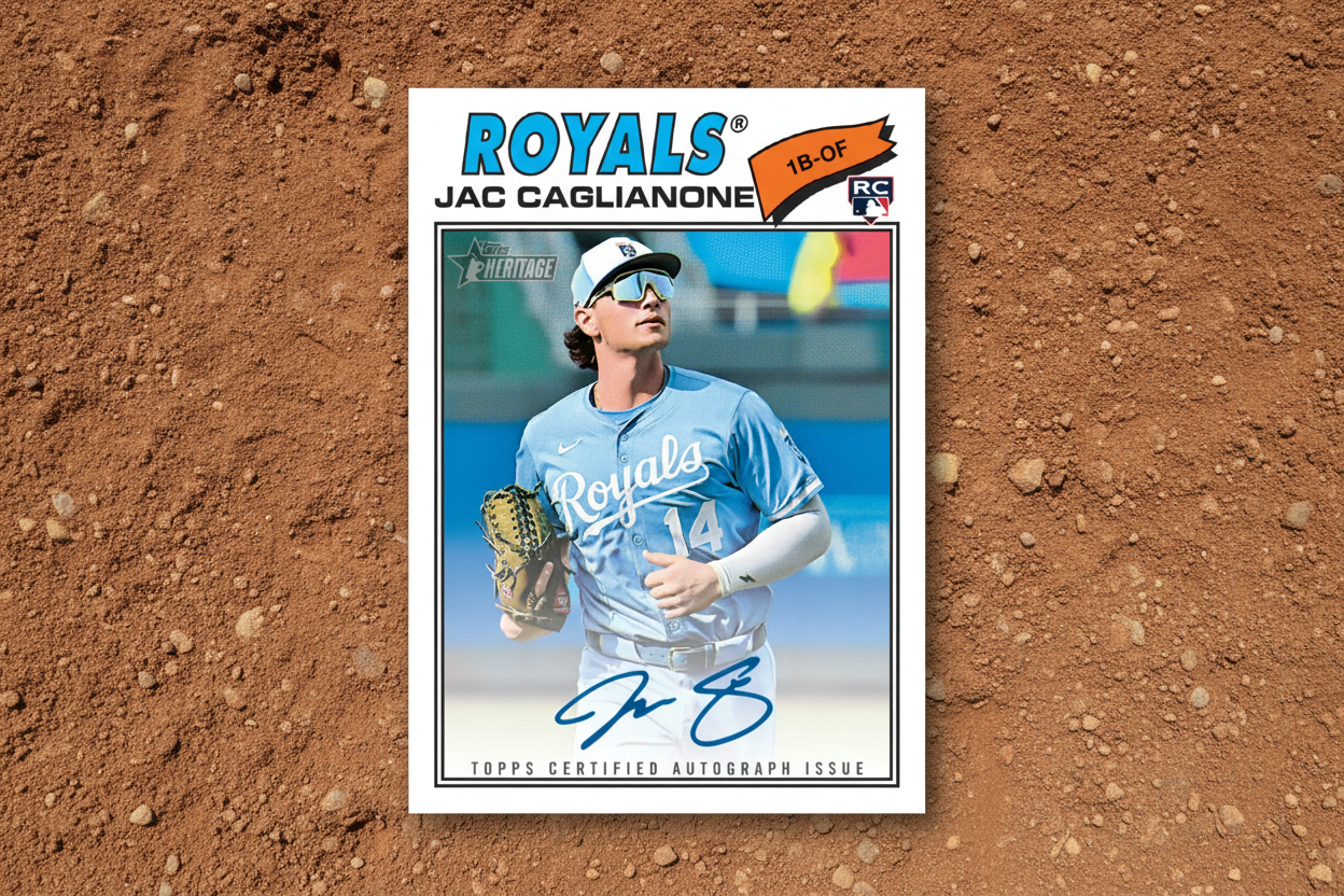 Baseball trading card of Jac Caglianone in a blue jersey with 'Royals' branding and autograph
