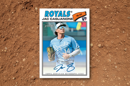 Baseball trading card of Jac Caglianone in a blue jersey with 'Royals' branding and autograph