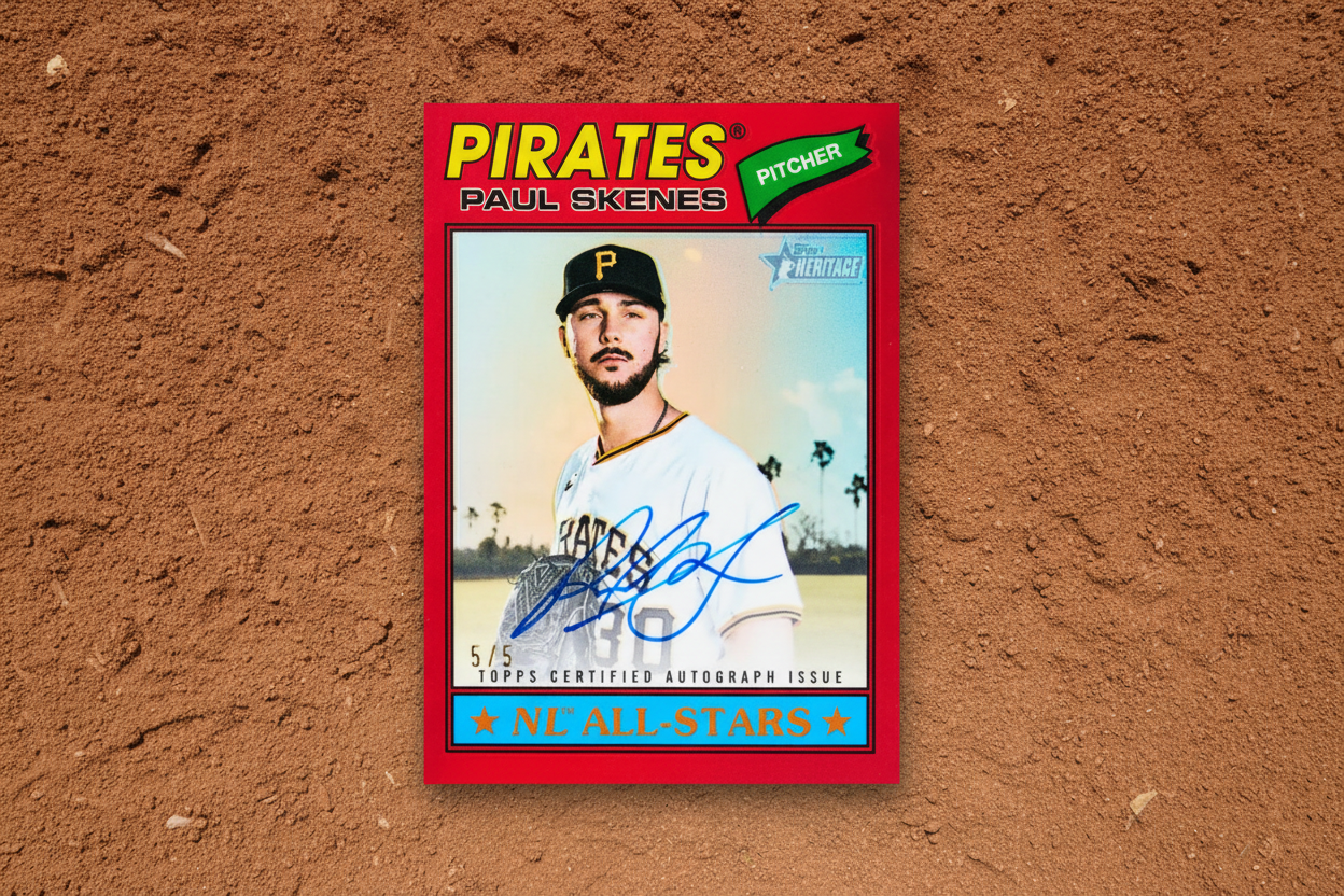 Baseball trading card of Paul Skenes with a red border and 'Pirates' branding.