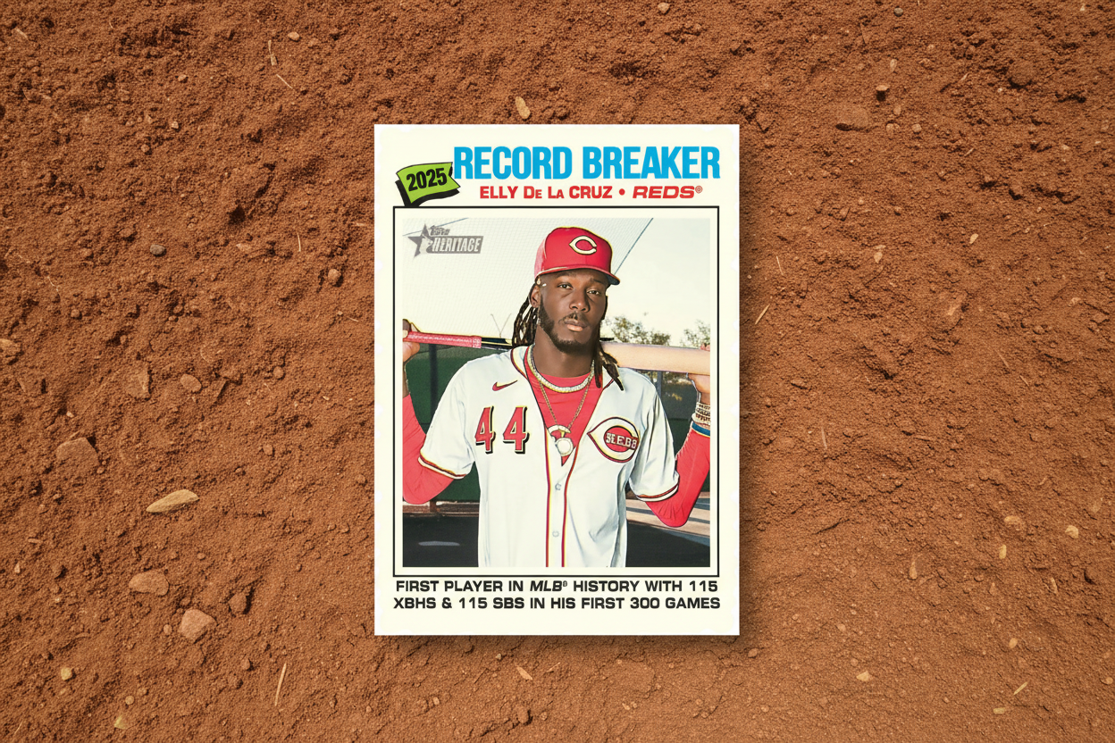 Baseball trading card featuring Elly De La Cruz with text about record-breaking achievements.
