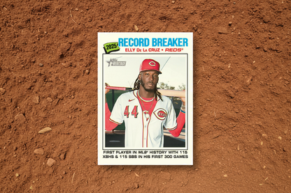 Baseball trading card featuring Elly De La Cruz with text about record-breaking achievements.