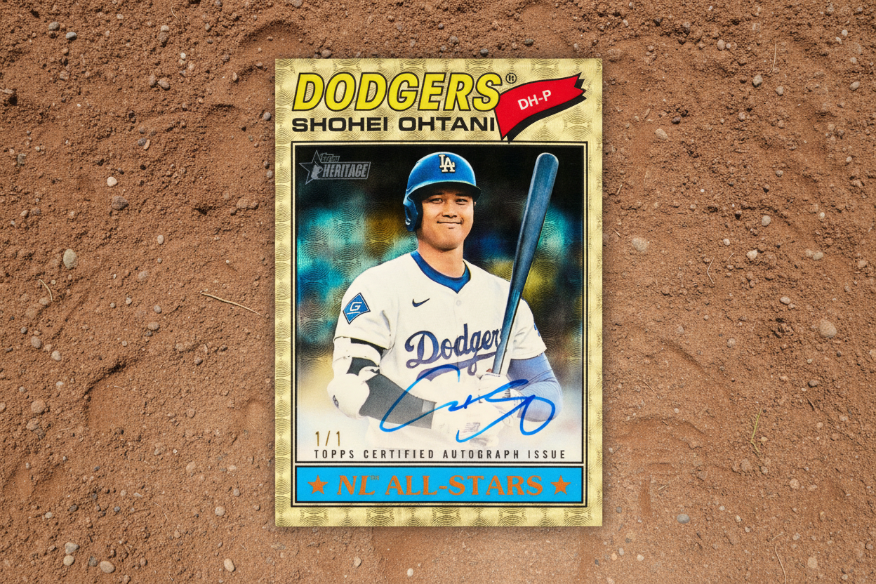 Baseball trading card of a player in a Dodgers uniform with a bat, on a dark background.