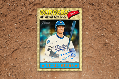 Baseball trading card of a player in a Dodgers uniform with a bat, on a dark background.