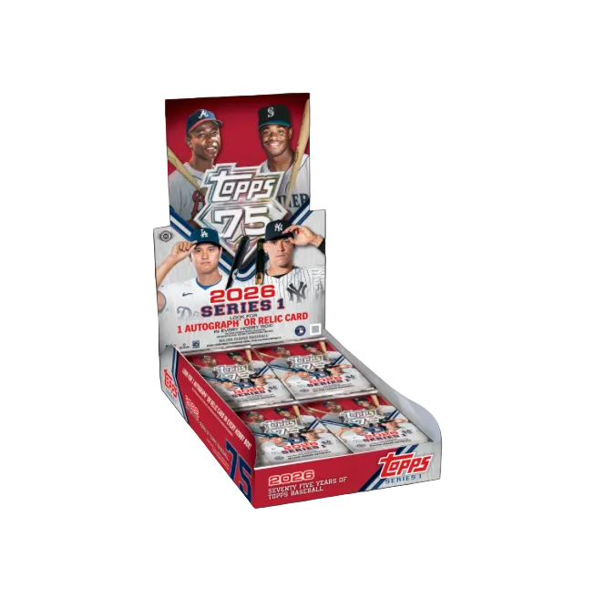 Box of 2026 Topps Series 1 baseball card hobby packs front