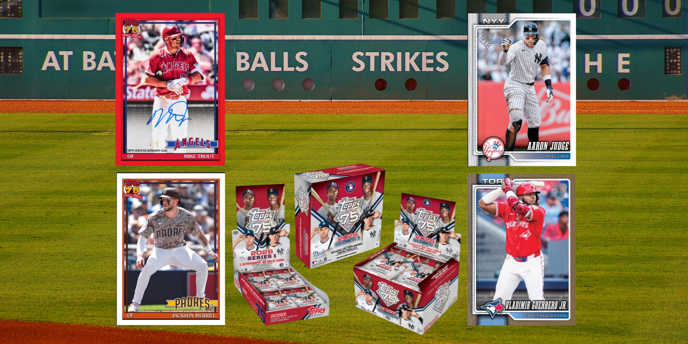 Baseball trading card packs and cards displayed on a baseball field background