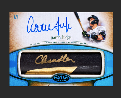 Baseball trading card featuring a Aaron Judge's signature and a bat with another signature, on a textured background.