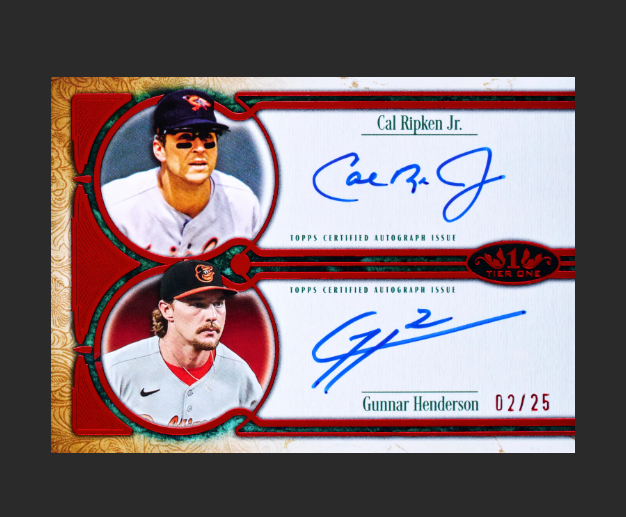 Baseball trading card with two player images and autographs on a dark background