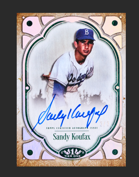 Baseball trading card of Sandy Koufax with autograph and Dodgers logo