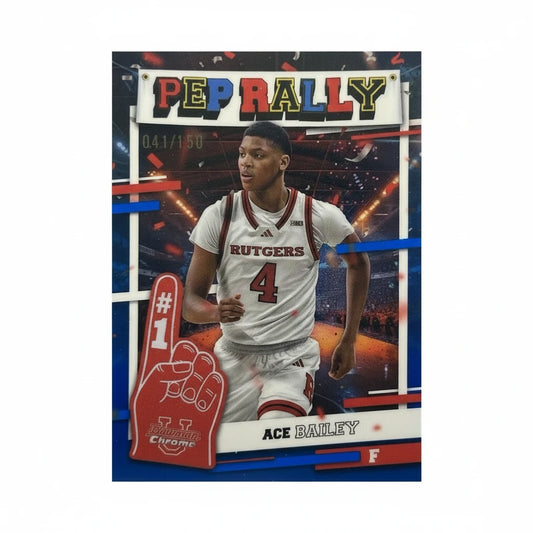 Basketball trading card of a player in a Rutgers jersey with a 'PEPRALLY' banner in the background.