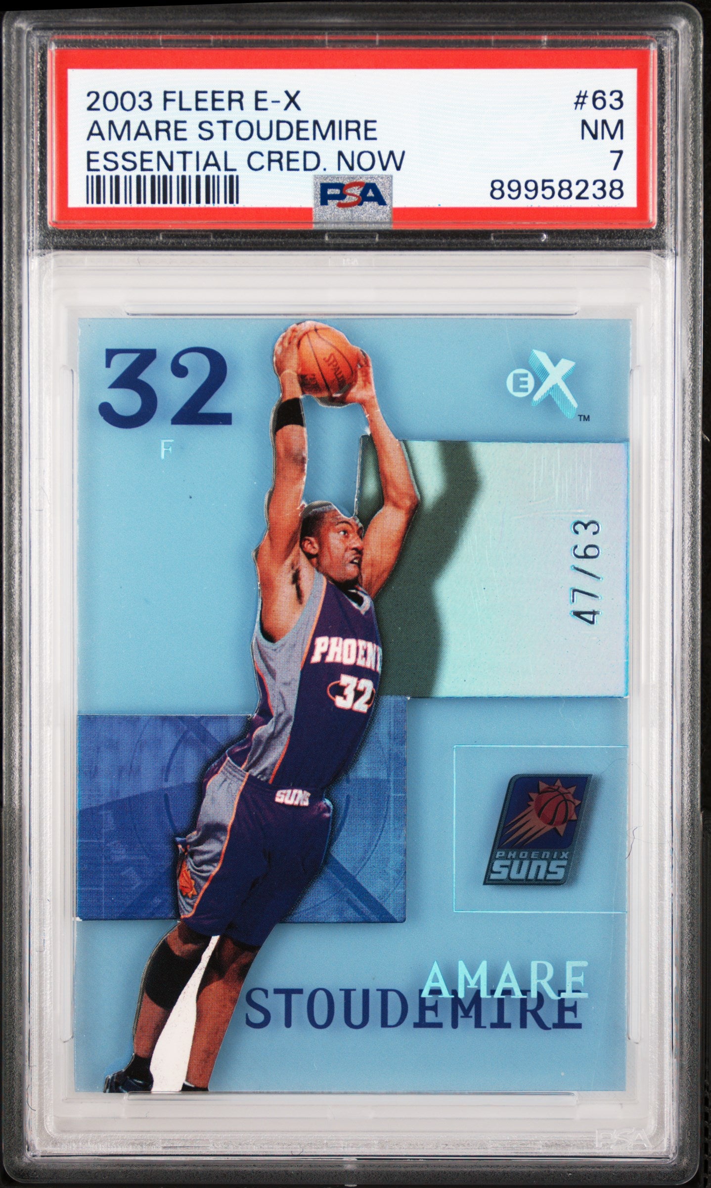 Basketball trading card of Amare Stoudemire with a blue background and PSA grading label.