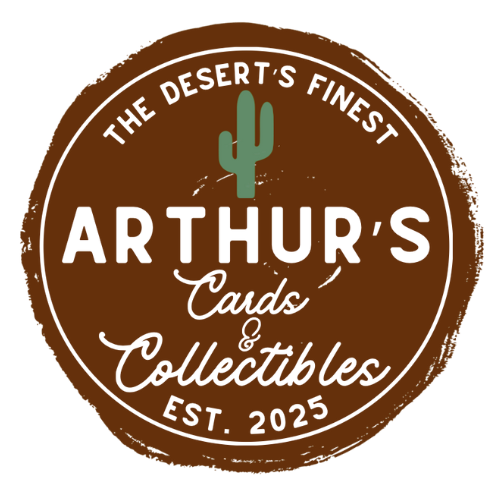 Brown circular logo for Arthur's Cards and Collectibles, the desert's finest est. 2025