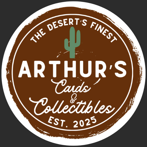 Logo for Arthur's Cards & Collectibles with a cactus icon on a brown background