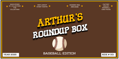 Promotional graphic for 'Arthur's Roundup Box' baseball edition with a brown background and baseball design.