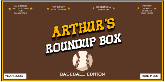 Promotional graphic for 'Arthur's Roundup Box' baseball edition with a brown background and baseball design.