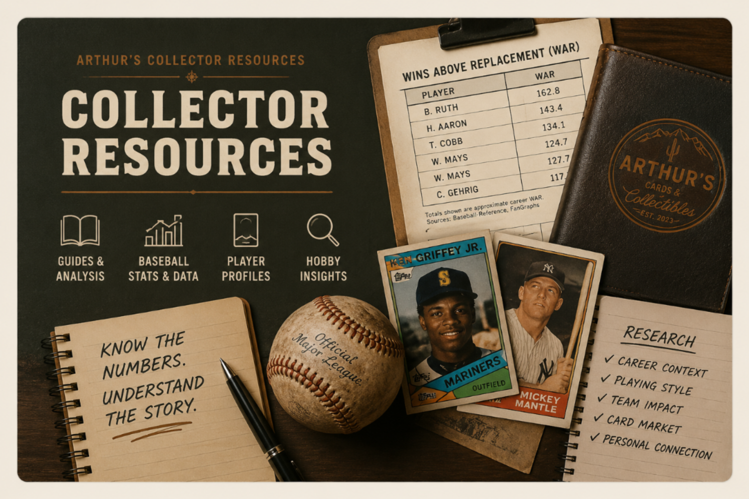 A styled flat-lay of baseball memorabilia and reference materials on a dark wood surface, including a baseball, vintage player cards, a notebook with a quote, a pen, a stats sheet, and a brown leather-bound book labeled Arthur's Collector Resources.