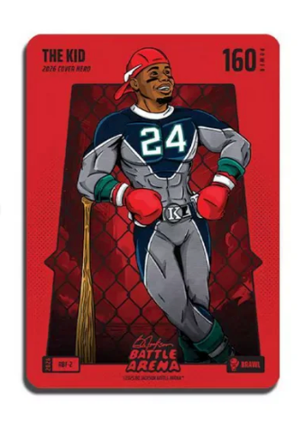 Card featuring a character in a superhero costume with red and black design elements.