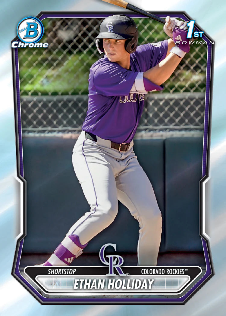 Baseball trading card of Ethan Holliday in a batting pose with a blue and purple border.
