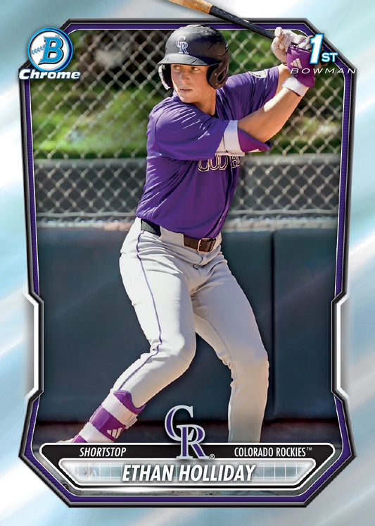 Baseball trading card of Ethan Holliday in a batting pose with a blue and purple border.