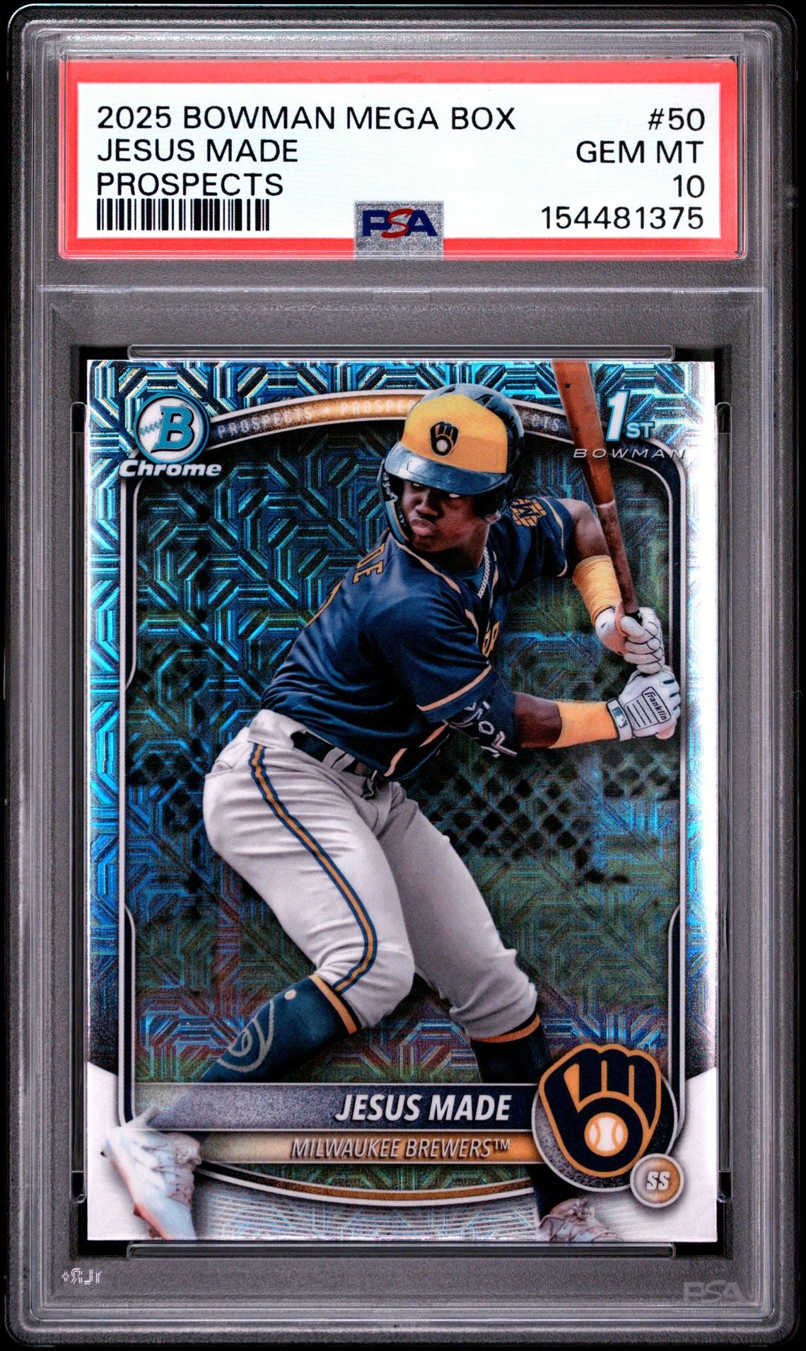 Baseball trading card featuring a player in a blue uniform with a bat, encased in a protective holder with a red label.