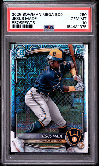 Baseball trading card featuring a player in a blue uniform with a bat, encased in a protective holder with a red label.