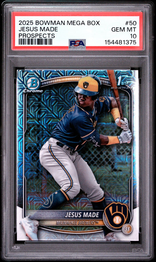 Baseball trading card featuring a player in a blue uniform with a bat, encased in a protective holder with a red label.
