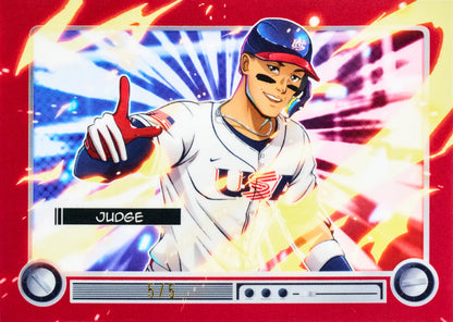 Baseball trading card featuring a player in a dynamic pose with fiery effects on a red border.