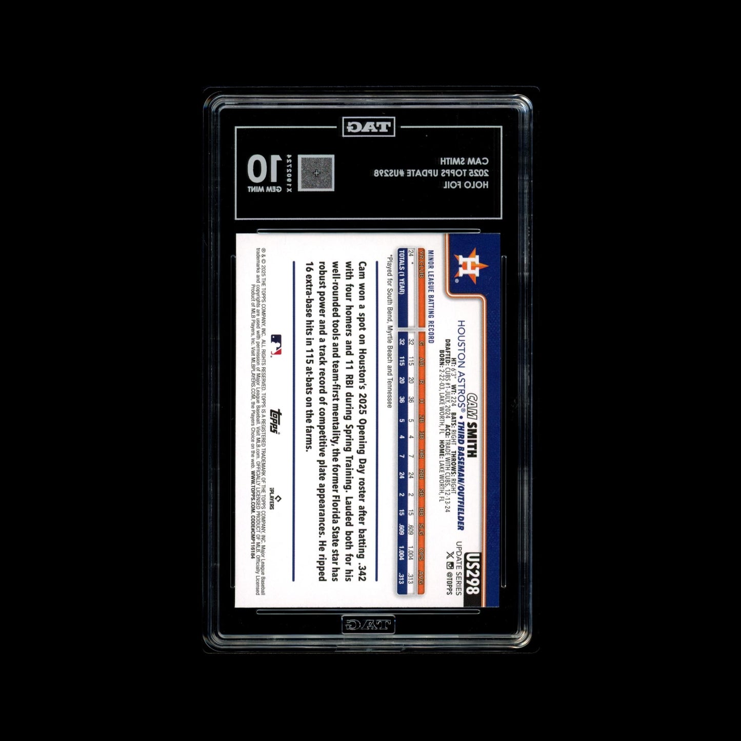 Baseball trading card in a protective clear TAG case with a black background