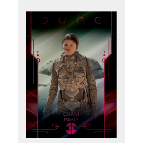 Character card from 'Dune' featuring a character in futuristic armor with a desert landscape background.