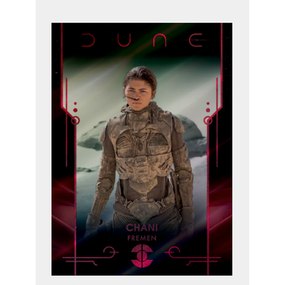 Character card from 'Dune' featuring a character in futuristic armor with a desert landscape background.