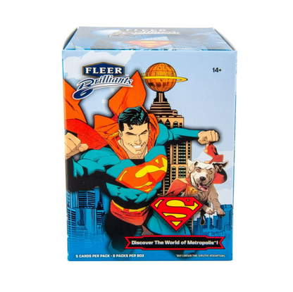 Superman-themed trading card box with a dog on a white background