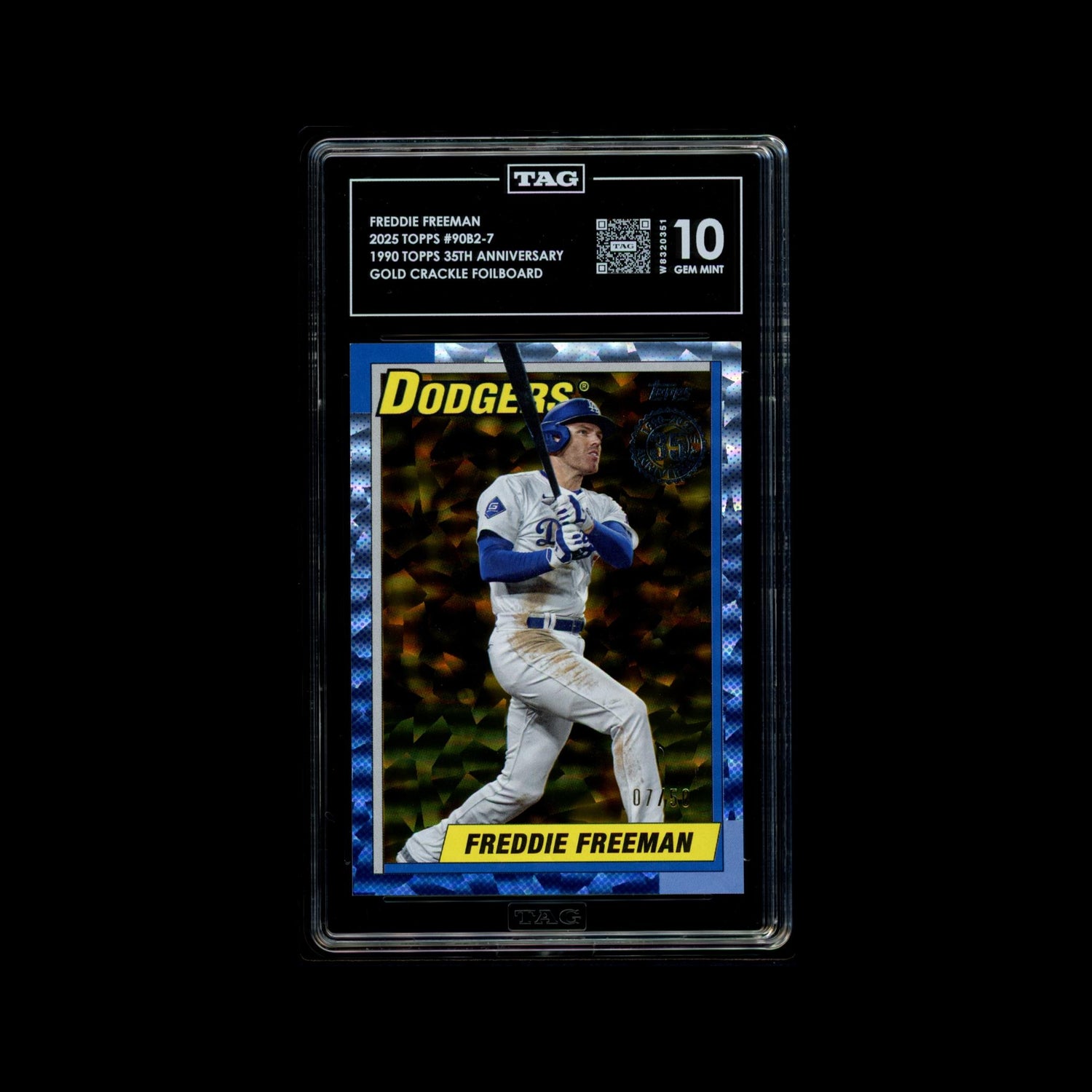 2025 Topps Freddie Freeman 1990 Topps 35th Anniversary Gold Crackle Foilboard #90B2-7 numbered 07/50 TAG 10 graded card
