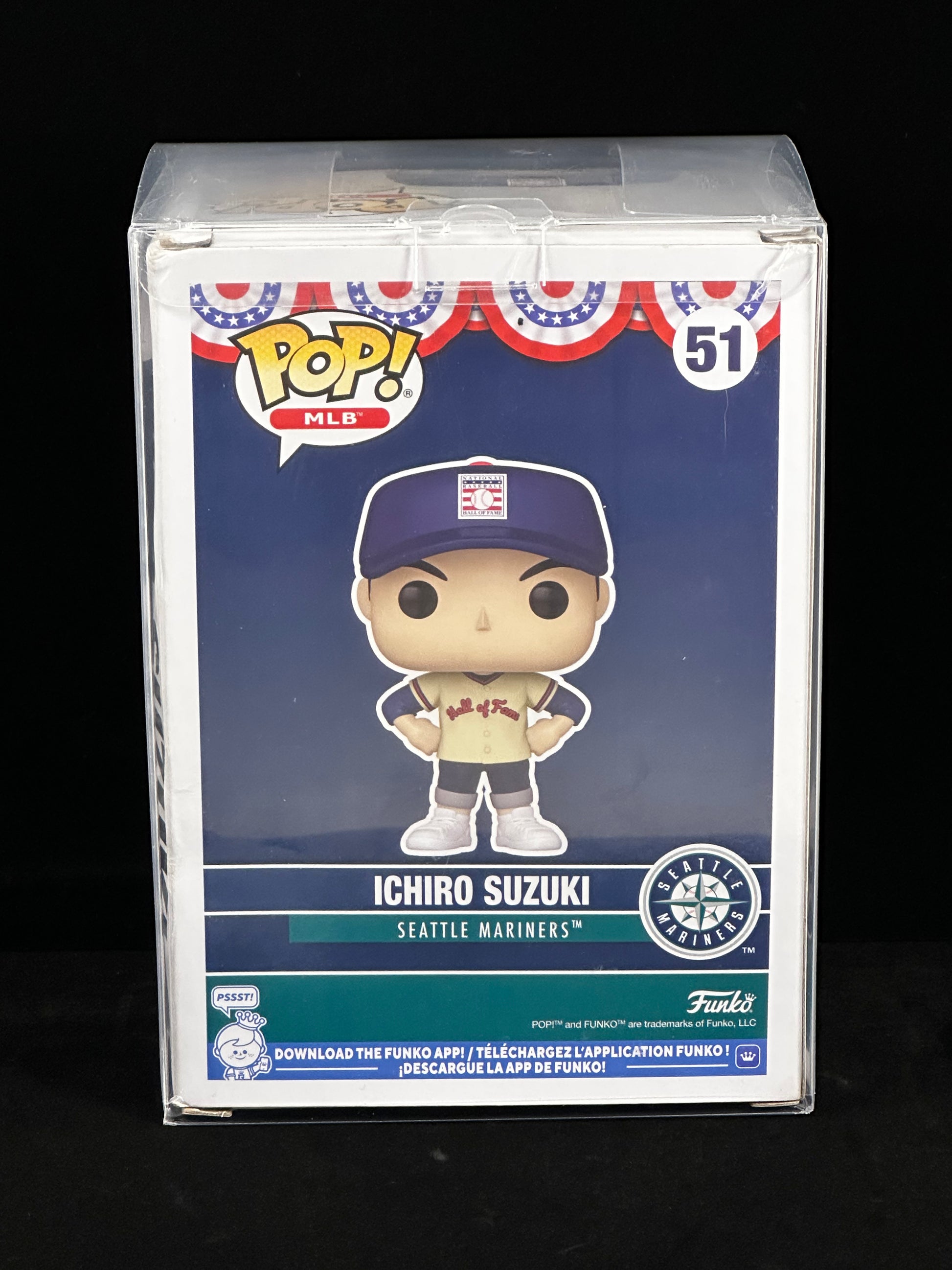 Funko Pop! Marvel Ichiro Suzuki Seattle Mariners vinyl figure in its original packaging, featuring a blue and white box with the character illustration and number 51.