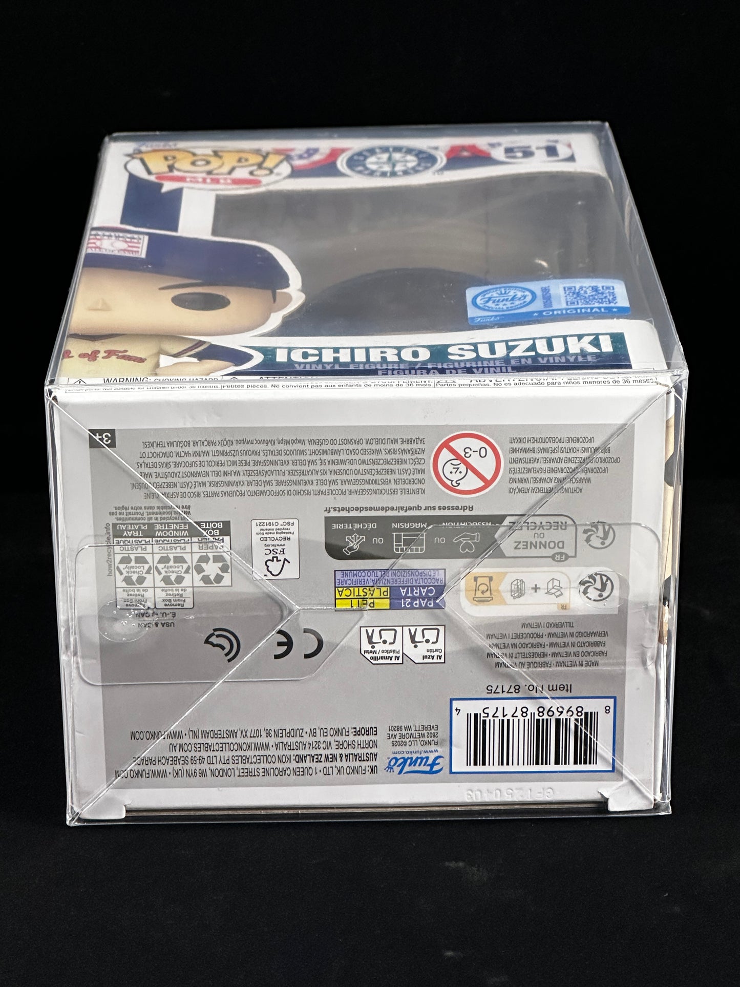 A Funko Pop! vinyl figure in its original clear plastic display box, showing the back of the packaging with product details, barcodes, and safety labels. The figure is Ichiro Suzuki, number 61 in the Pop! Heroes series.