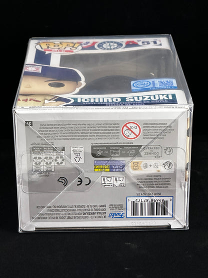 A Funko Pop! vinyl figure in its original clear plastic display box, showing the back of the packaging with product details, barcodes, and safety labels. The figure is Ichiro Suzuki, number 61 in the Pop! Heroes series.