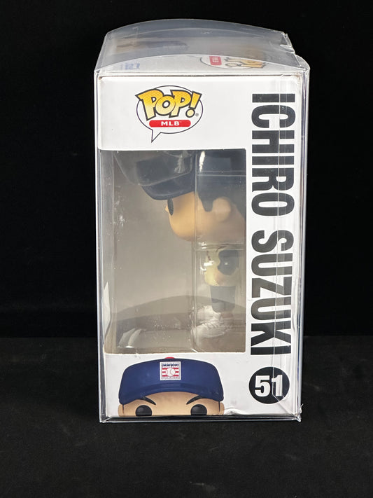 Funko Pop! MLB Ichiro Suzuki vinyl figure in its original white and clear plastic box packaging, featuring the Funko Pop! logo and player name 'ICHIRO SUZUKI' on a black background.
