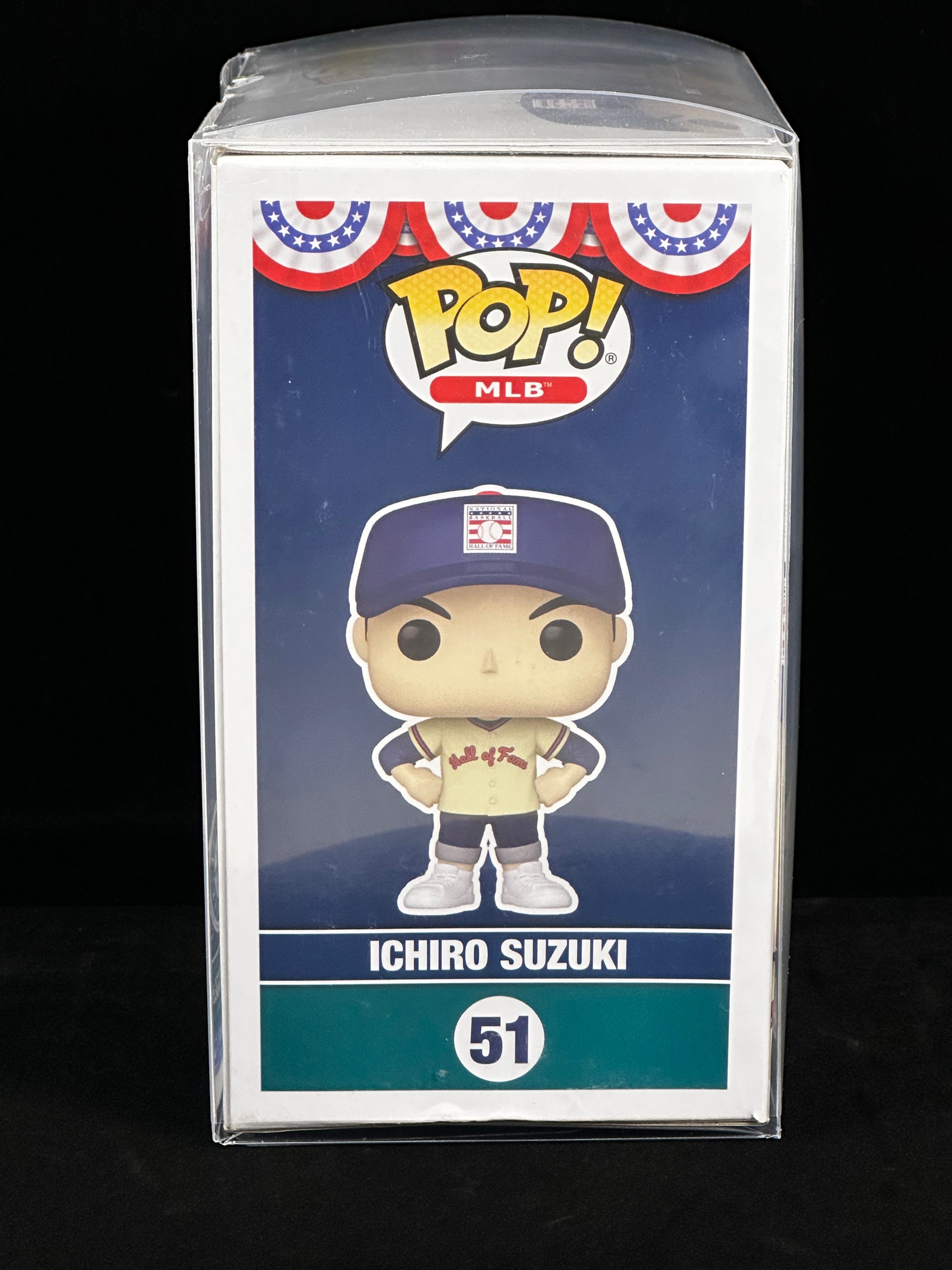 Funko Pop! MLB Ichiro Suzuki #51 vinyl figure in its original packaging, featuring a blue and white box with the player's name and number.