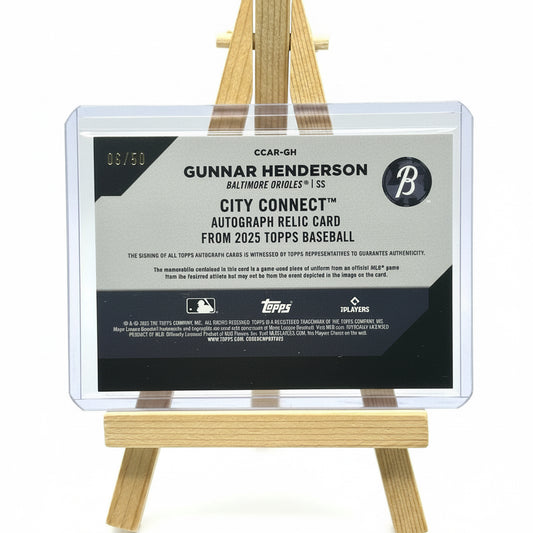 Baseball card on a wooden easel with Topps branding