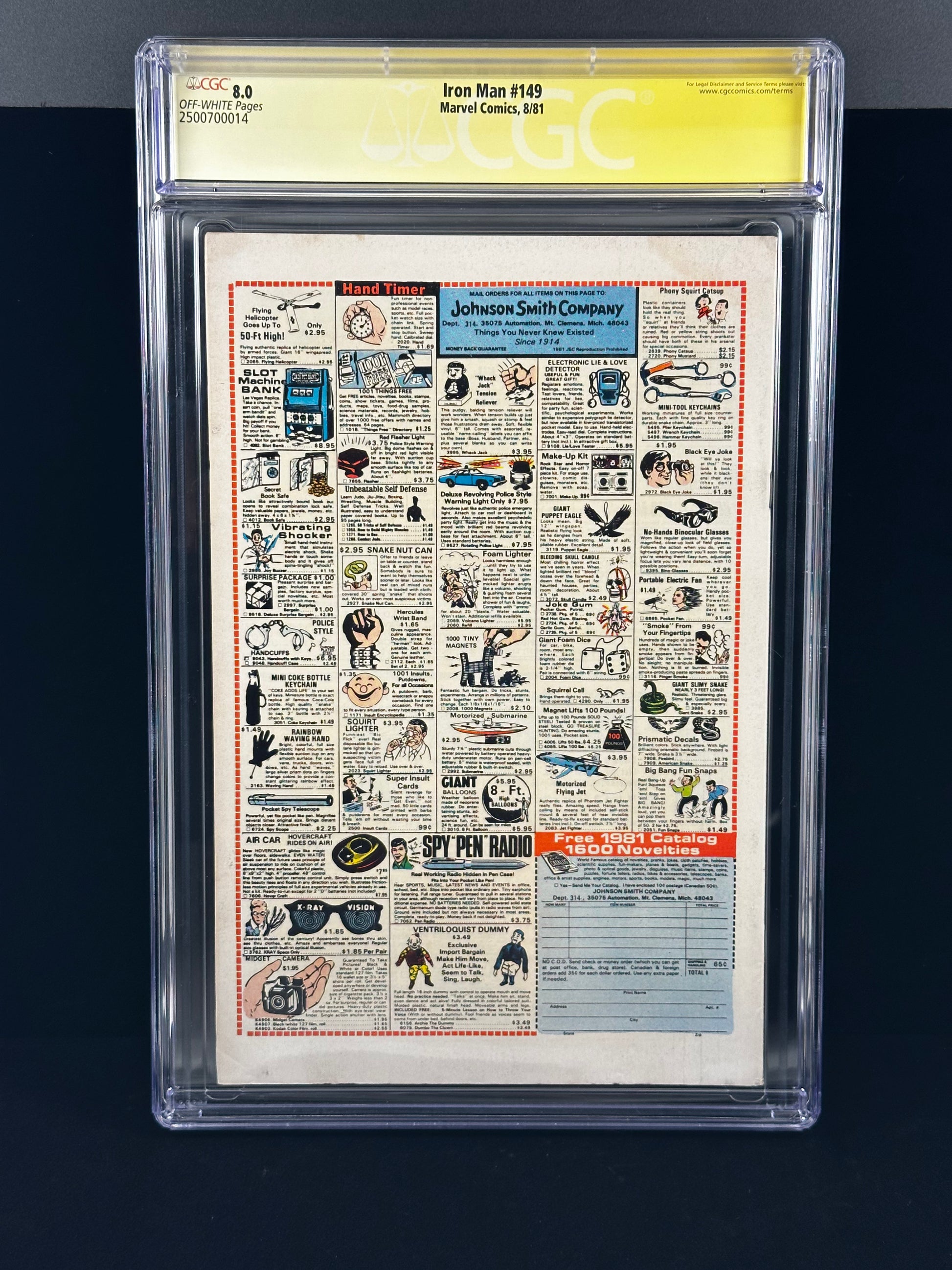 An Iron Man #149 comic book page from Marvel Comics, graded and encapsulated by CGC with a yellow B-9 label at the top, shown against a dark background.